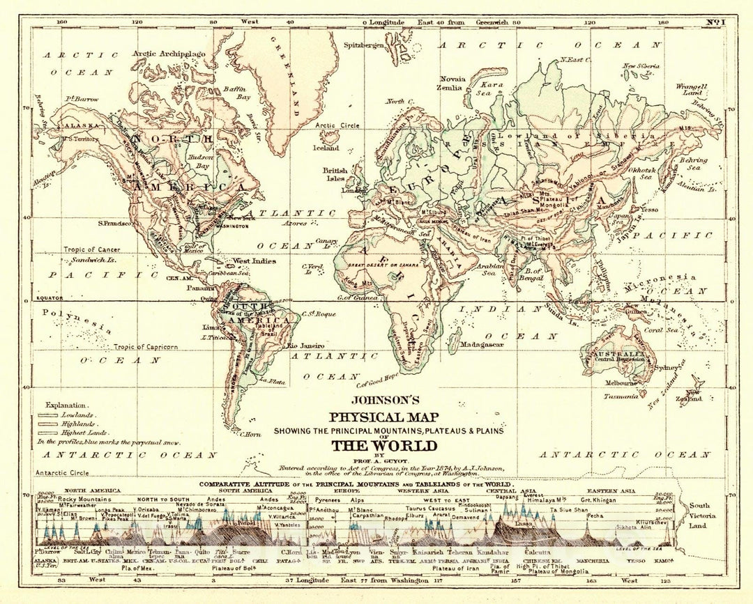 Historic Map : 1874 Johnson's Physical Map Showing the Principal Mountains, Plateaus & Plains of the World : Vintage Wall Art