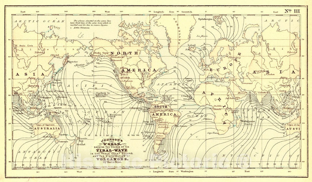 Historic Map : 1874 Johnson's World Showing the Course of the Tidal-Wave in the Three Great Oceans and the Distribution of Volcanoes : Vintage Wall Art