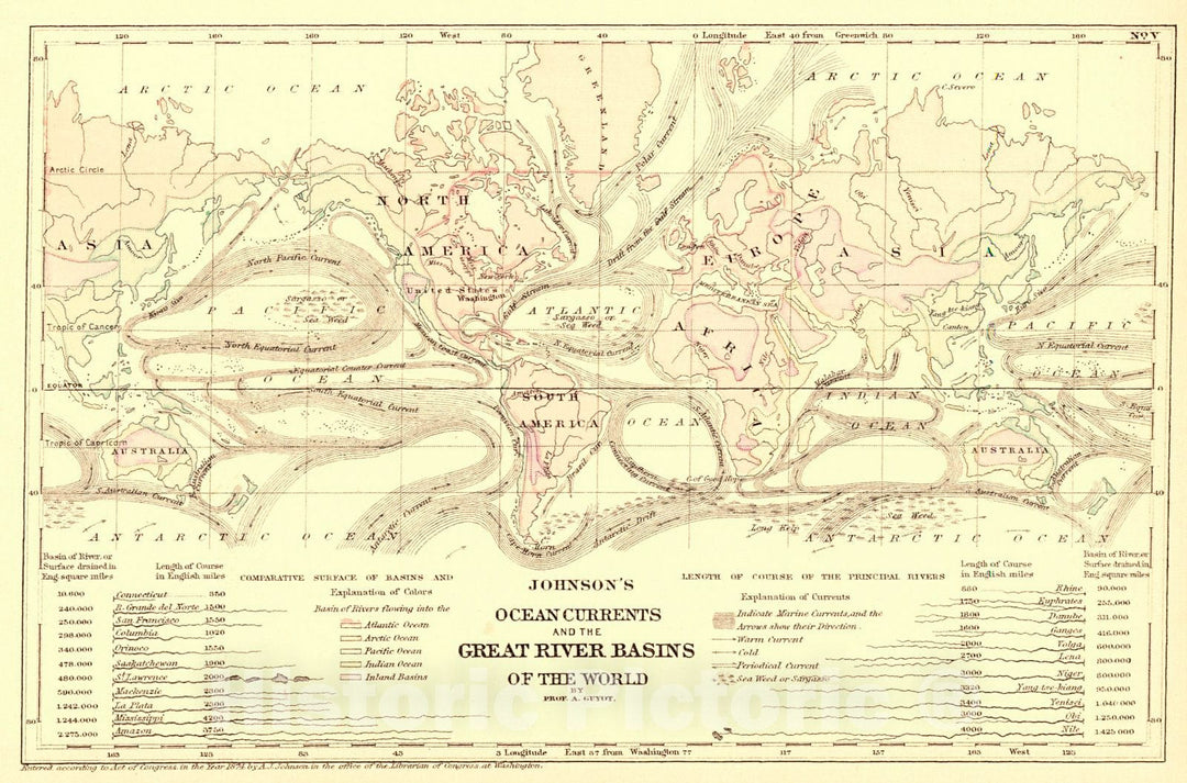 Historic Map : 1874 Johnson's Ocean Currents and the Great River Basins of the World : Vintage Wall Art