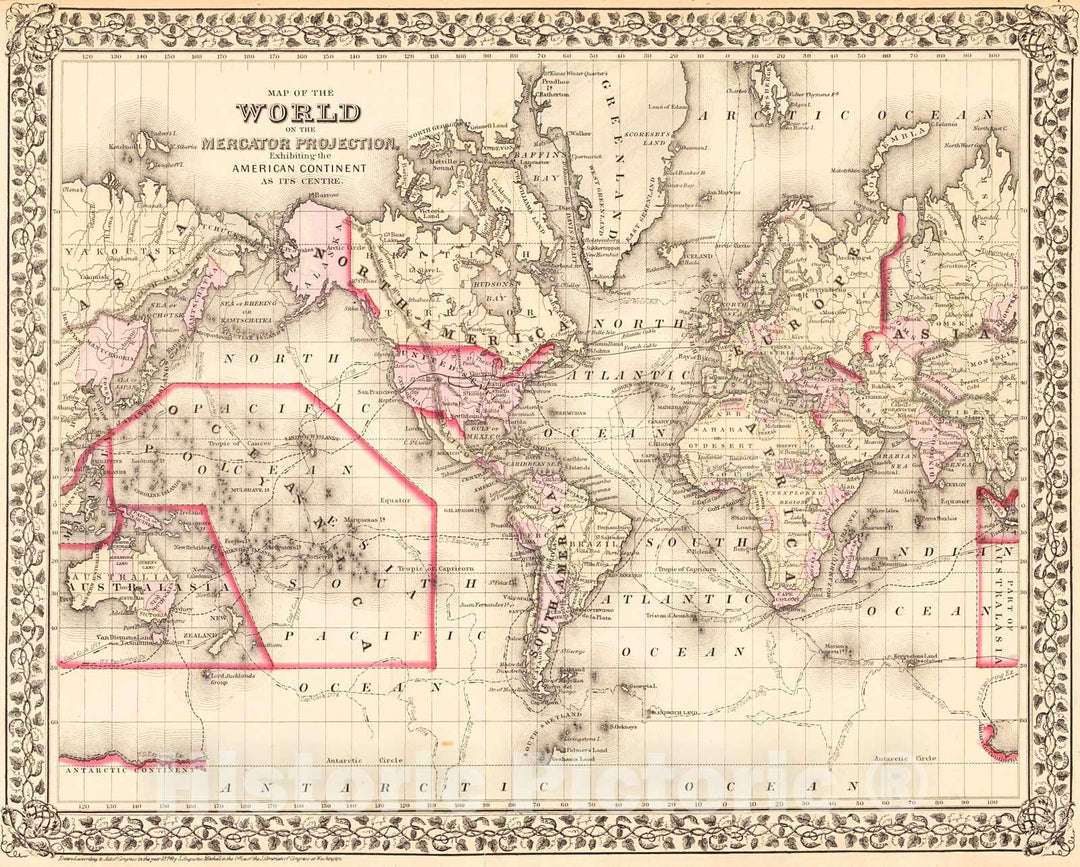 Historic Map : 1874 Map of the World on the Mercator Projection  : Vintage Wall Art