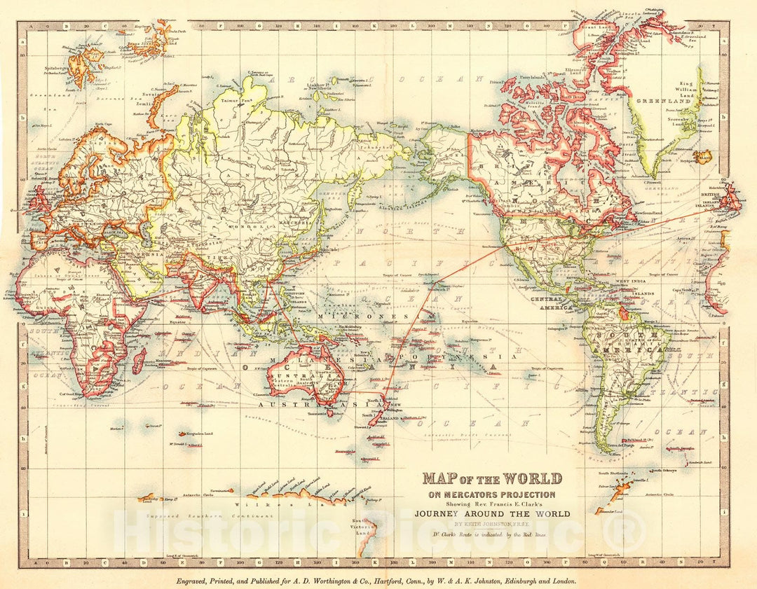 Historic Map : 1875 Map of the World on Mercators Projection Showing Rev. Francis E. Clark's Journey Around the World : Vintage Wall Art