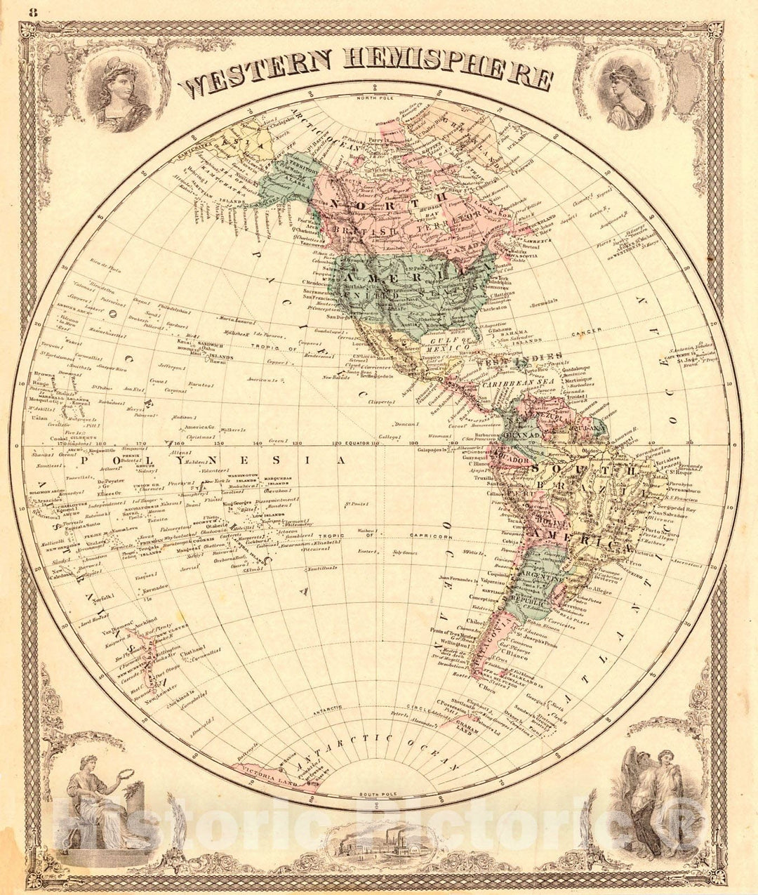 Historic Map : 1876 Western Hemisphere - Eastern Hemisphere            : Vintage Wall Art