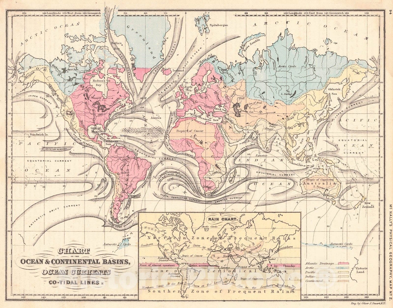 Historic Map : 1876 Chart of the Ocean and Continental Basins, Ocean Currents, and Co-Tidal Lines : Vintage Wall Art