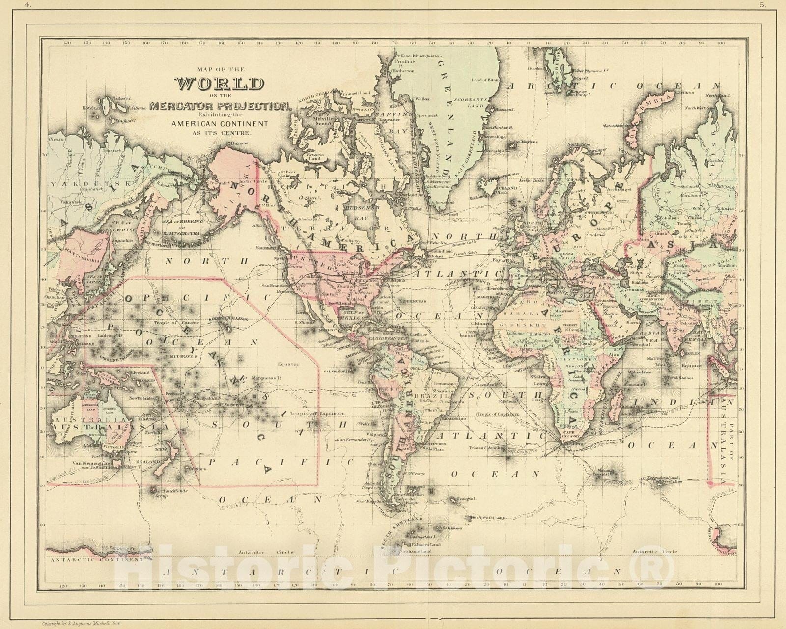 Historic Map : 1886 Map of the World on the Mercator Projection exhibiting the American Continent as it's centre : Vintage Wall Art