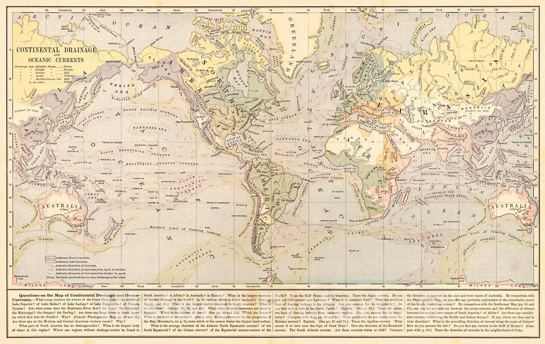 Historic Map : 1887 Continental Drainage and Oceanic Currents  : Vintage Wall Art