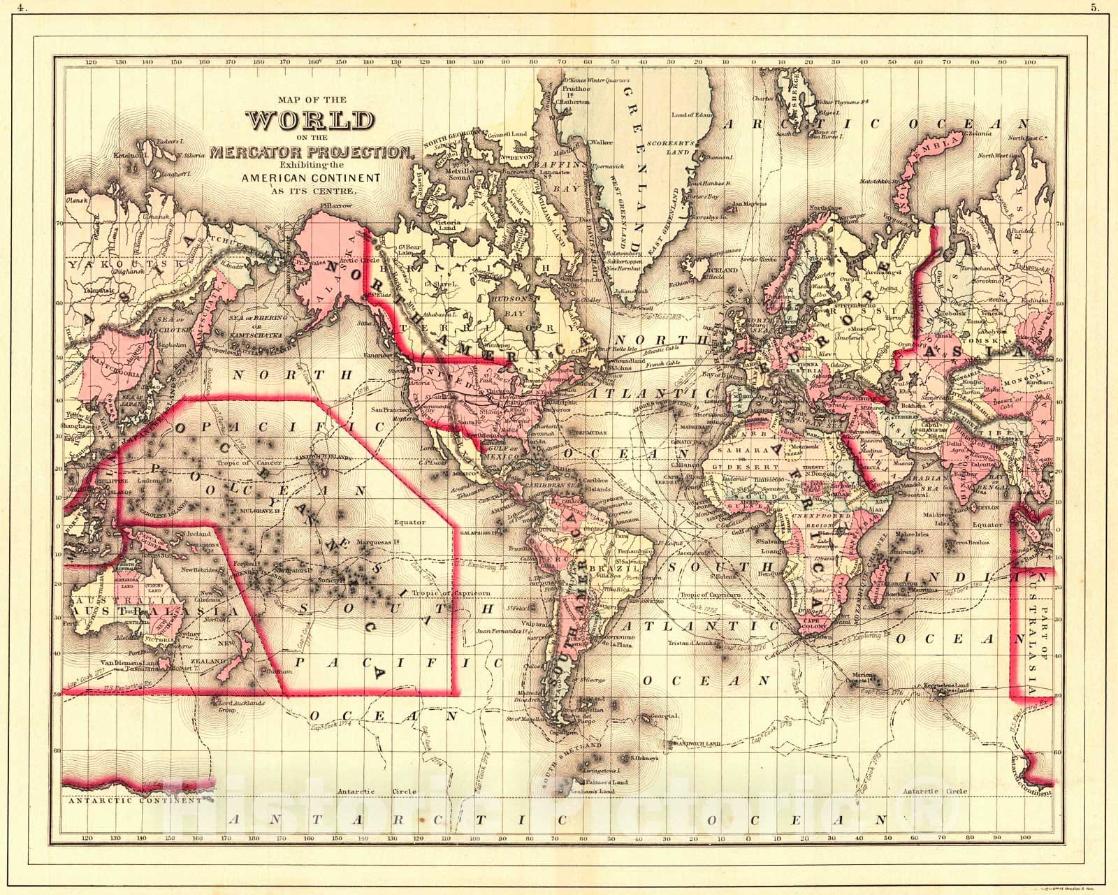 Historic Map : 1887 Map of the World on the Mercator Projection, Exhibiting the American Continent as its Centre : Vintage Wall Art