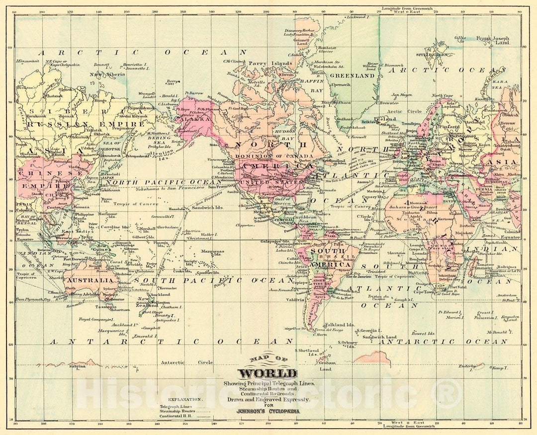 Historic Map : 1888 Map of World Showing Principal Telegraph Lines, Steamship Routes and Continental Railroads : Vintage Wall Art