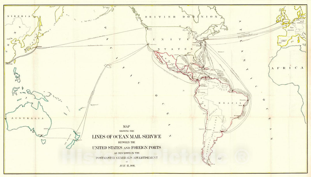 Historic Map : 1891 Map Showing the Lines of Ocean Mail Service Between the United States and Foreign Ports, Postmaster General's Advertisement of July 15,1891 : Vintage Wall Art