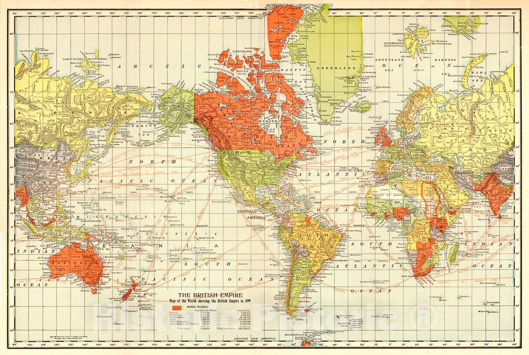 Historic Map : 1895 Map of the World Showing British Empire in 1899 : Vintage Wall Art