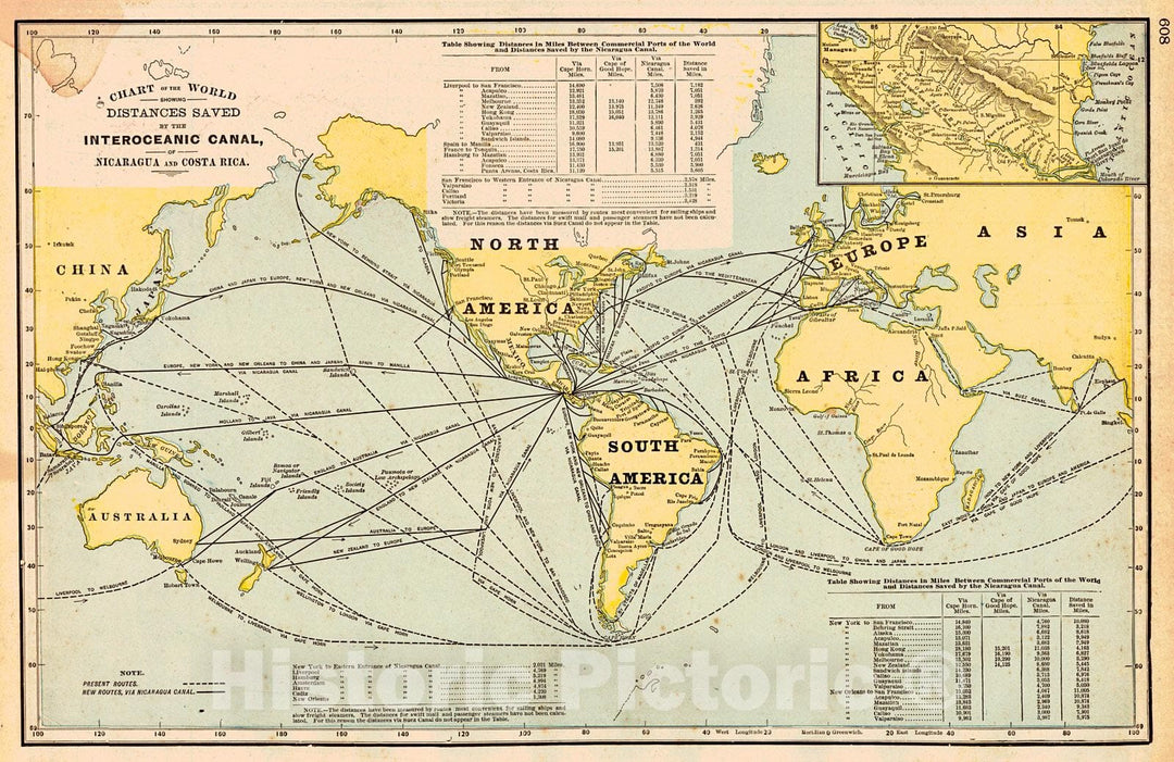 Historic Map : 1899 Chart of the World Showing Distances Saved by the Interoceanic Canal of Nicaragua and Costa Rica : Vintage Wall Art