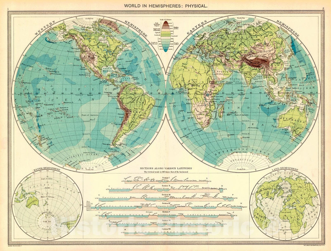 Historic Map : 1910 World in Hemispheres: Physical : Vintage Wall Art