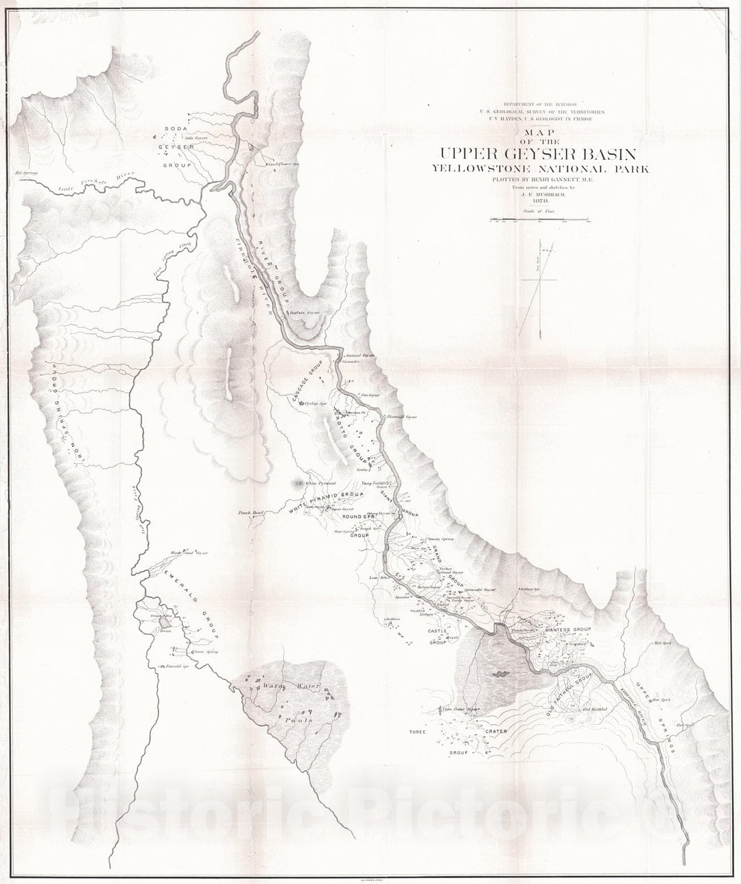 Historic Map : 1878 Map of the Upper Geyser Basin Yellowstone National Park : Vintage Wall Art