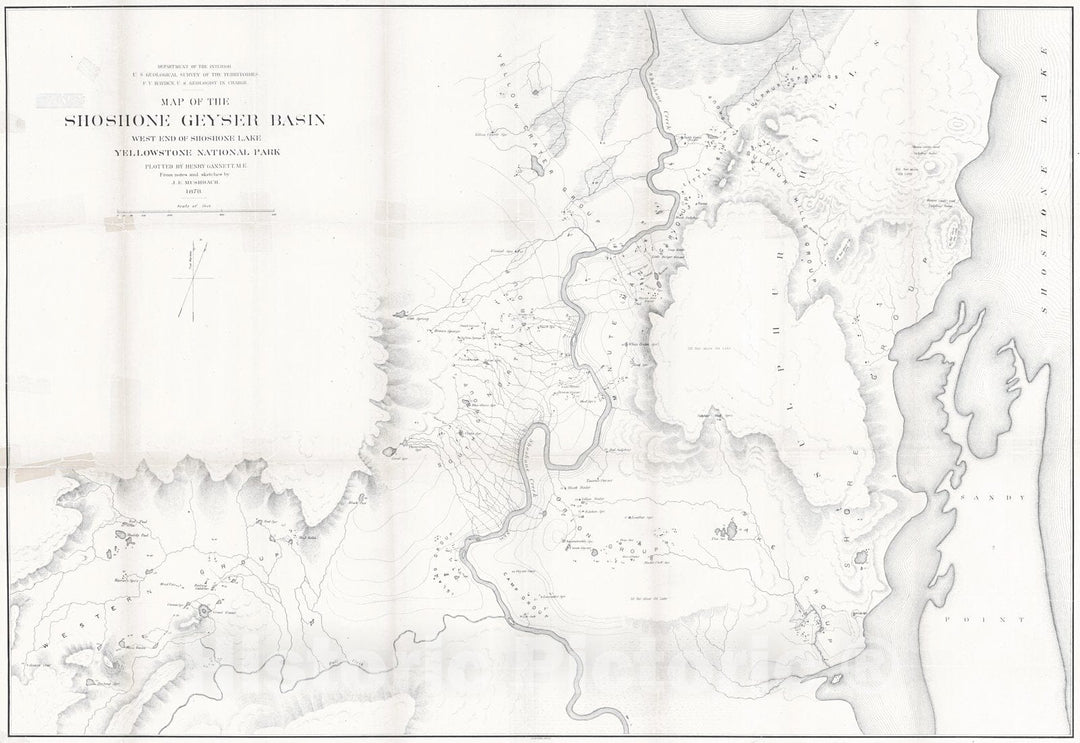 Historic Map : 1878 Map of the Shoshone Gayser Basin West End of Shoshone Lake Yellowstone National Park : Vintage Wall Art