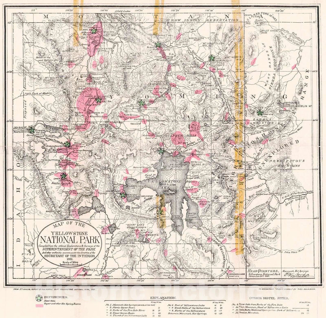 Historic Map : 1881 Map of the Yellowstone National Park : Vintage Wall Art