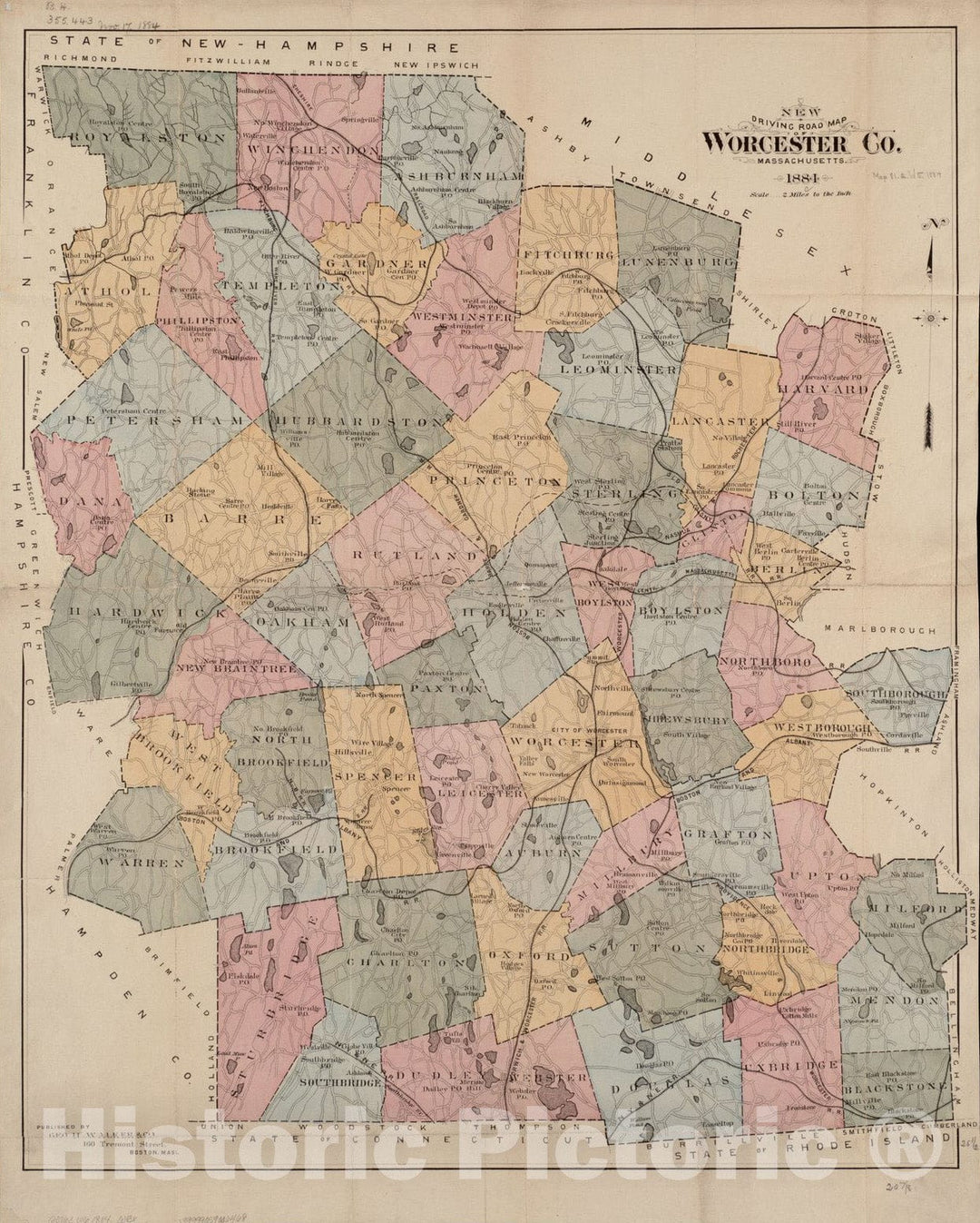 Historical Map, 1884 New Driving Road map of Worcester Co. Massachusetts, Vintage Wall Art