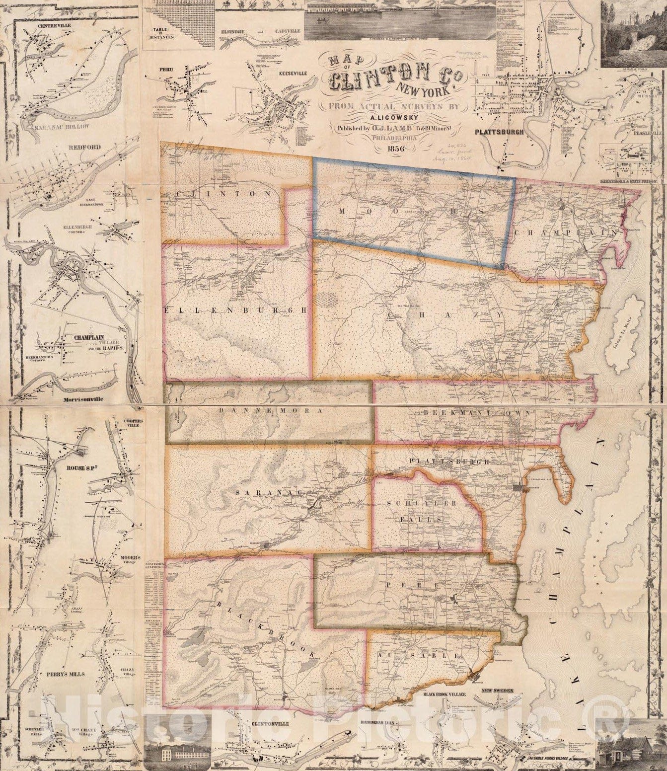 Historical Map, 1856 Map of Clinton Co, New York : from Actual surveys, Vintage Wall Art