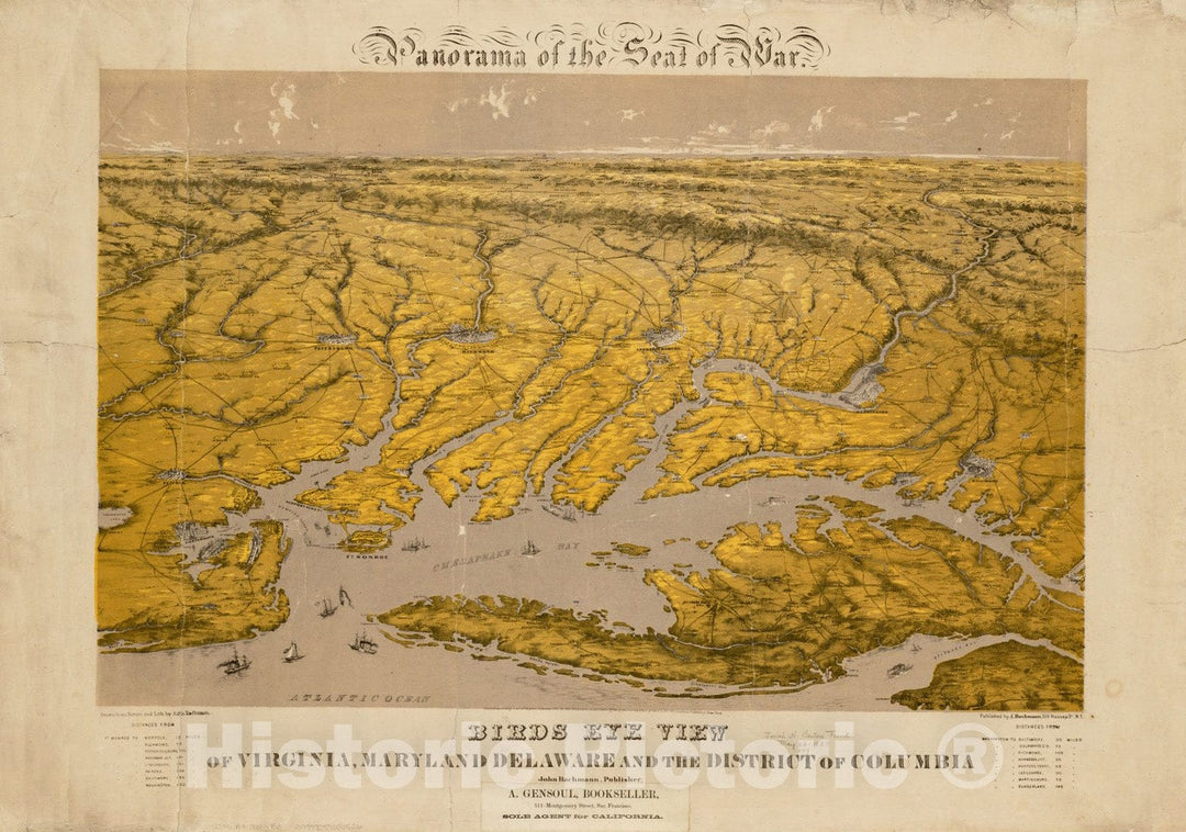 Historical Map, 1861 Birds Eye View of Virginia, Maryland, Delaware and The District of Columbia, Vintage Wall Art