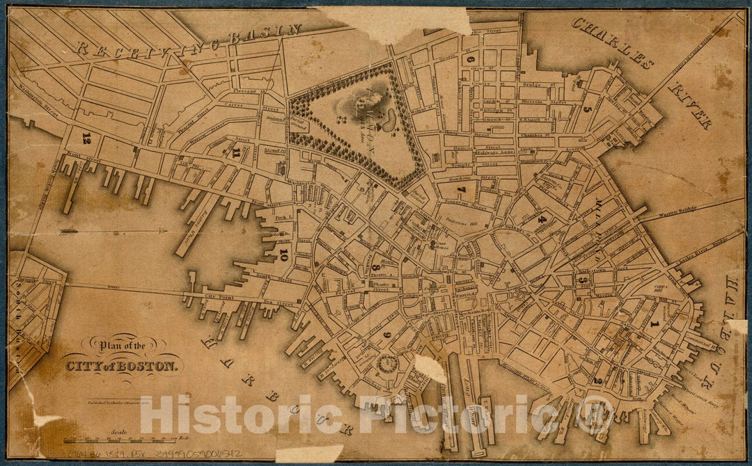 Historical Map, 1829 Plan of The City of Boston, Vintage Wall Art