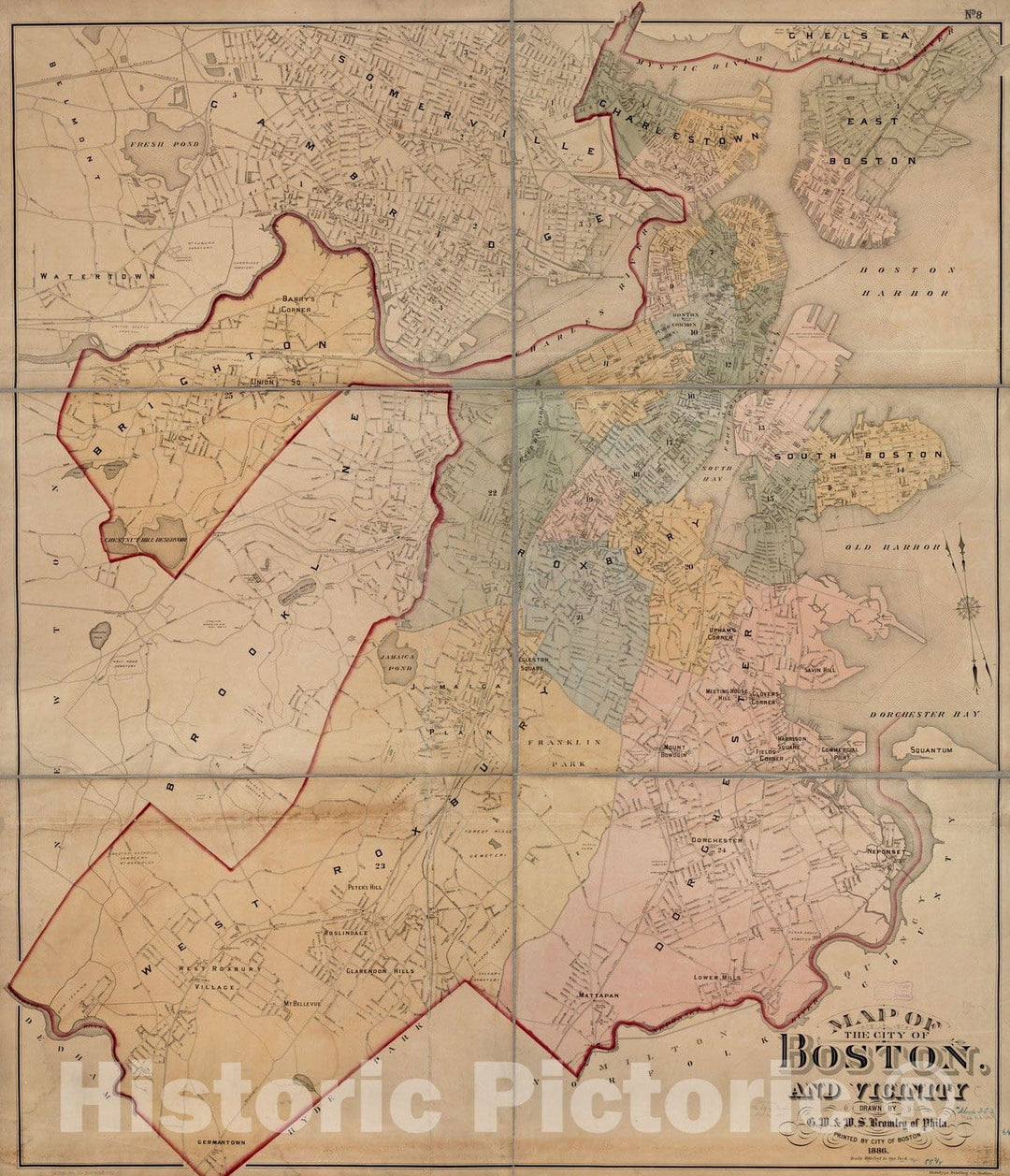 Historical Map, 1886 Map of The City of Boston and Vicinity, Vintage Wall Art