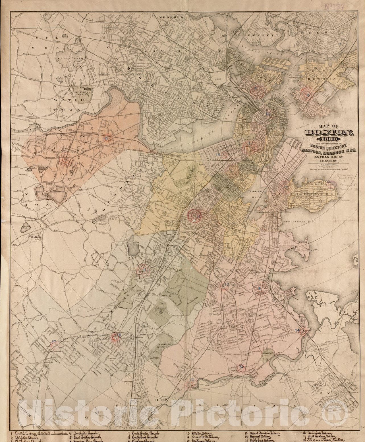 Historical Map, Map of Boston, for 1888, Vintage Wall Art