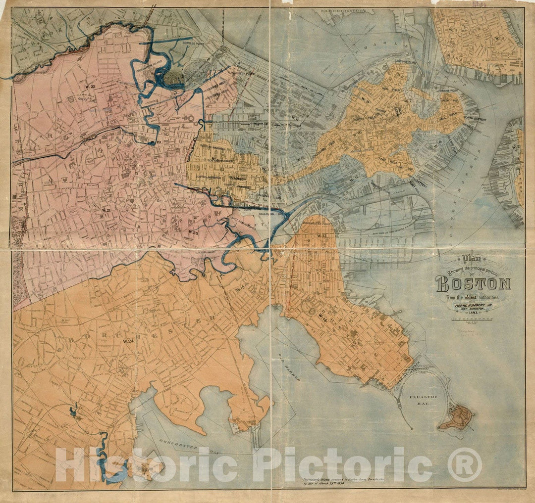 Historical Map, 1893 Plan Showing The Principal Portion of Boston : from The Oldest Authorities, Vintage Wall Art