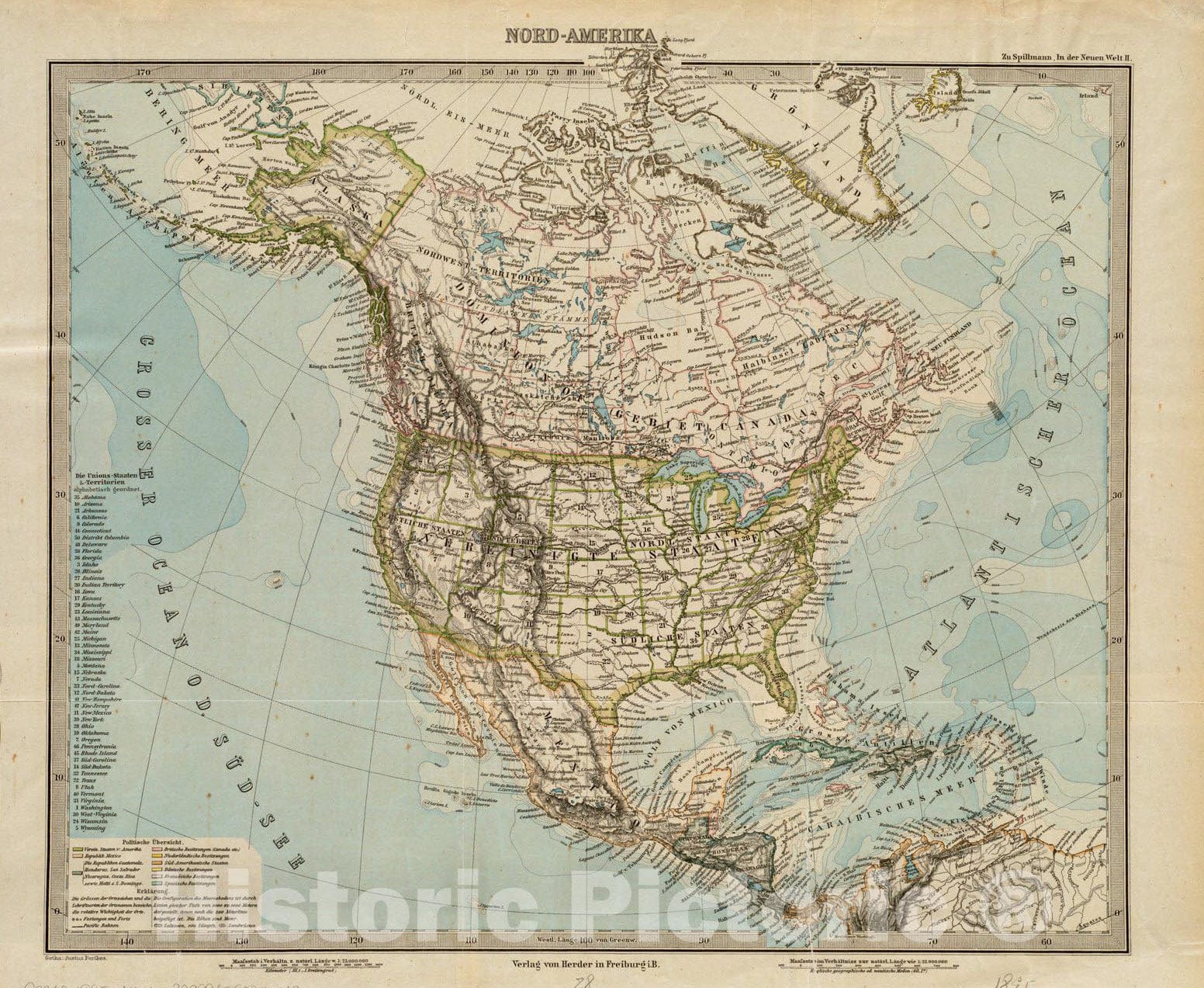 Historical Map, 1895-1900 Nord-Amerika, Vintage Wall Art