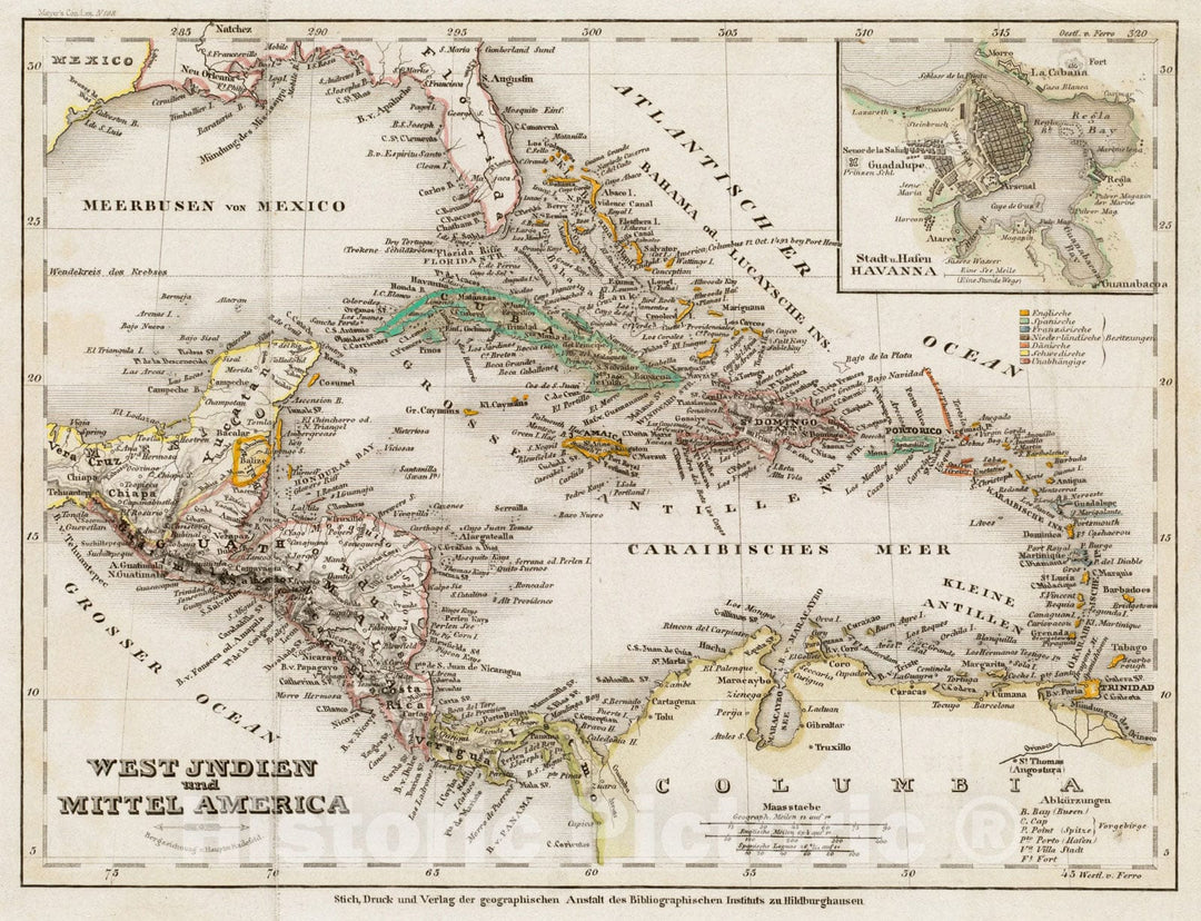 Historical Map, 1849-1852 West Indien und Mittel America, Vintage Wall Art