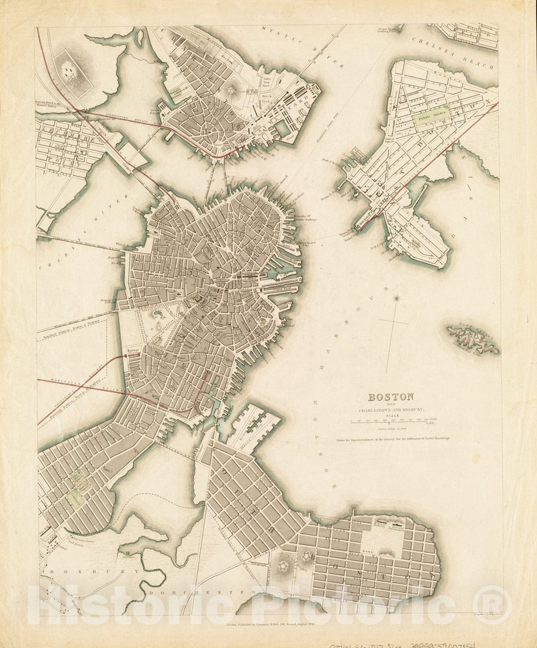 Historical Map, 1842 Boston with Charlestown and Roxbury, Vintage Wall Art