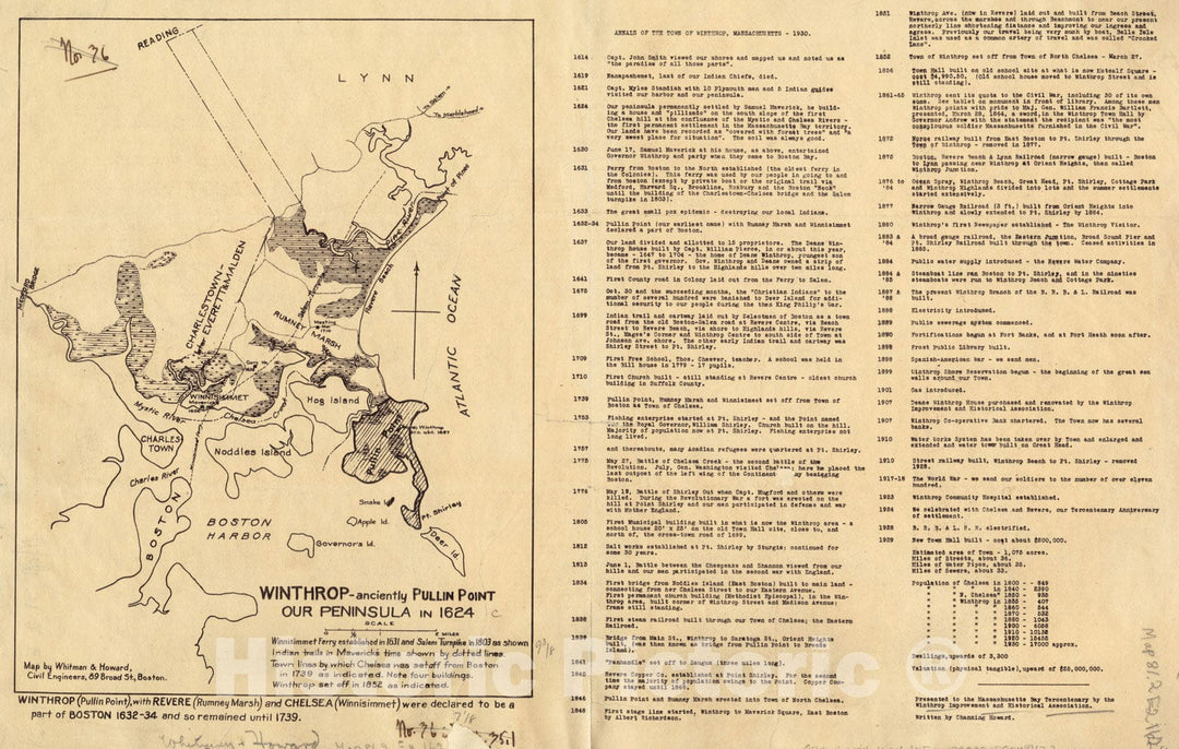 Historical Map, Winthrop - anciently Pullin Point : Our Peninsula in 1624, Vintage Wall Art