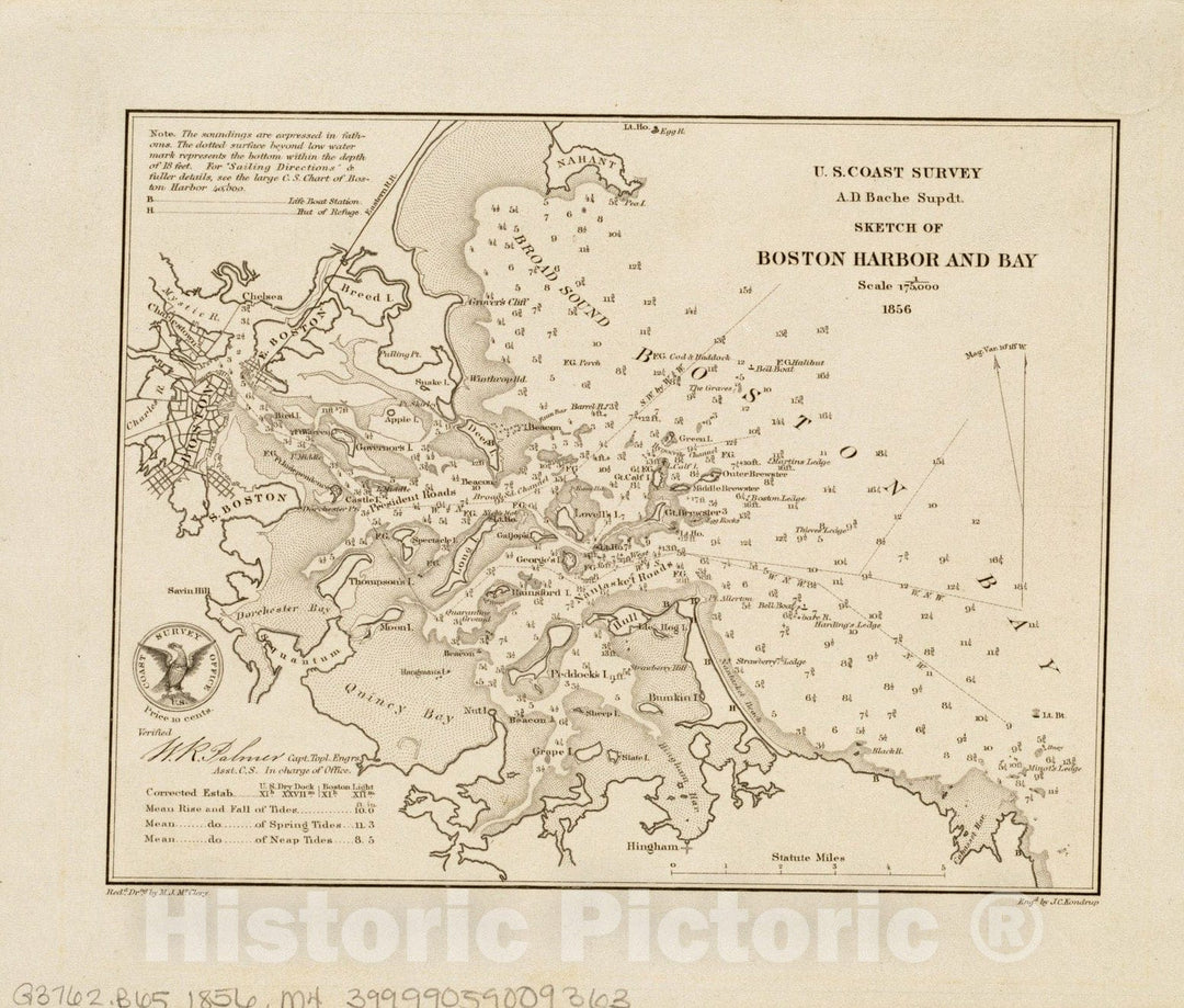 Historical Map, 1856 Sketch of Boston Harbor and Bay, Vintage Wall Art