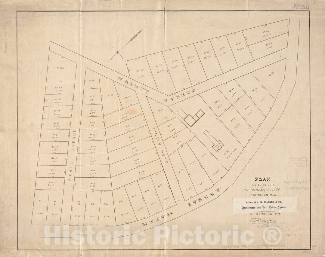 Historical Map, 1871 Plan of Building Lots on The 'Kimball' Estate Arlington, Mass. at 3 o'clock p.m, Vintage Wall Art