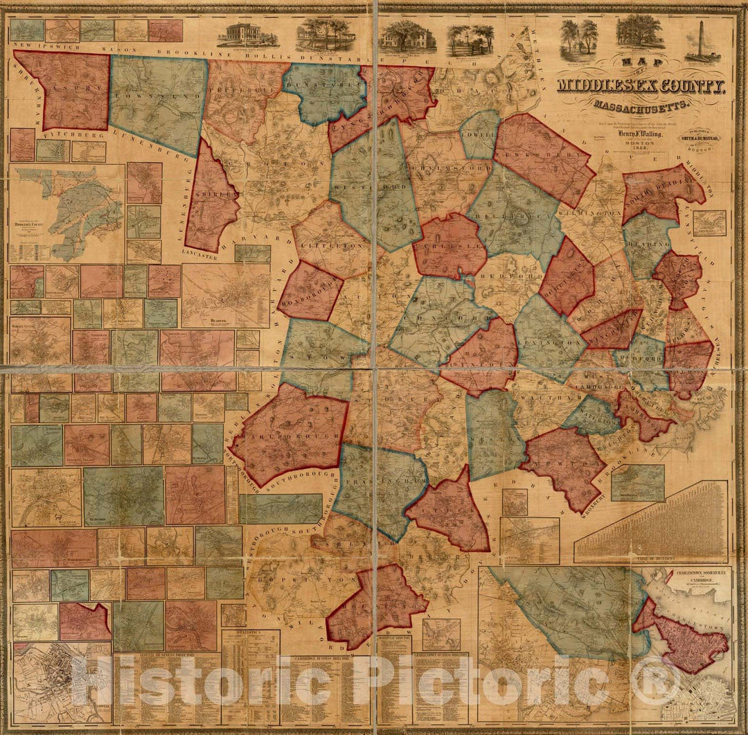 Historical Map, 1856 Map of Middlesex County, Massachusetts : Based Upon The Trigonometrical Survey of The State, Vintage Wall Art