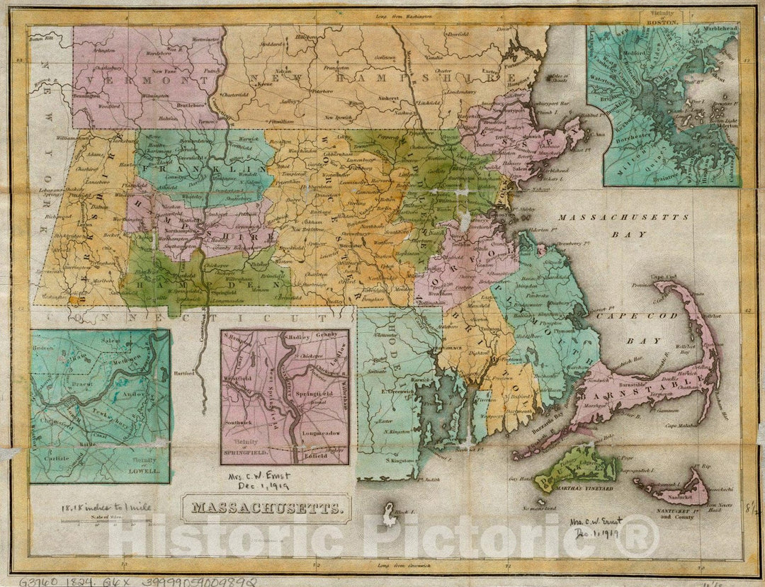 Historical Map, 1824 Massachusetts, Vintage Wall Art