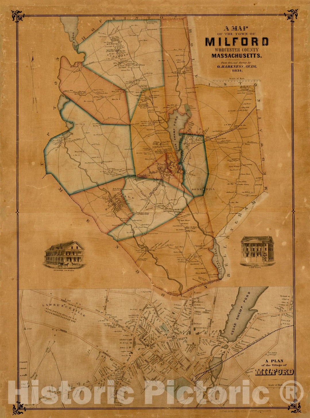 Historical Map, 1851 A map of The Town of Milford, Worcester County, Massachusetts, Vintage Wall Art