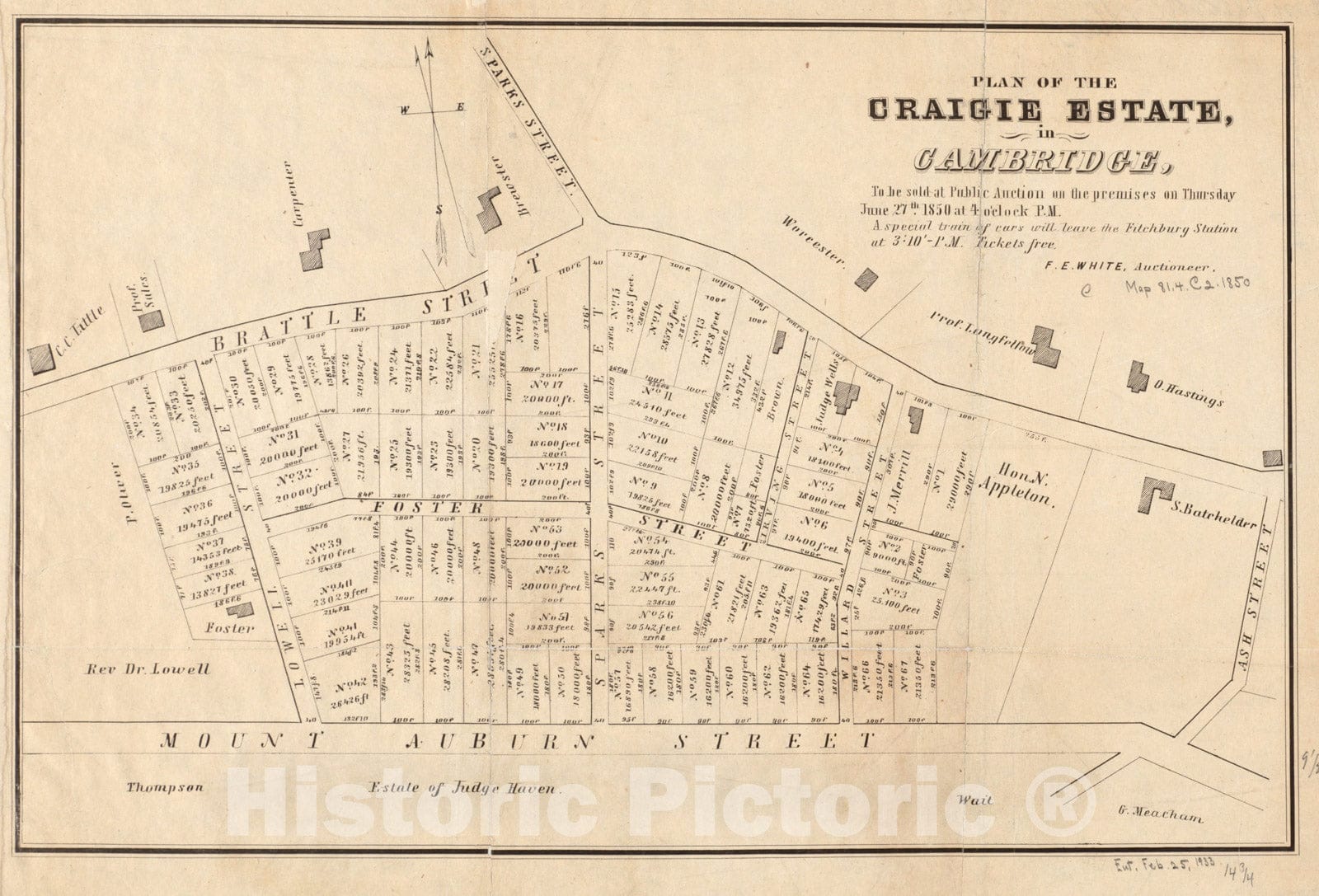 Historical Map, Plan of The Craigie Estate in Cambridge : to be Sold at Public Auction on The Premises on Thursday June 27th, 1850 at 4 o'clock p.m, Vintage Wall Art