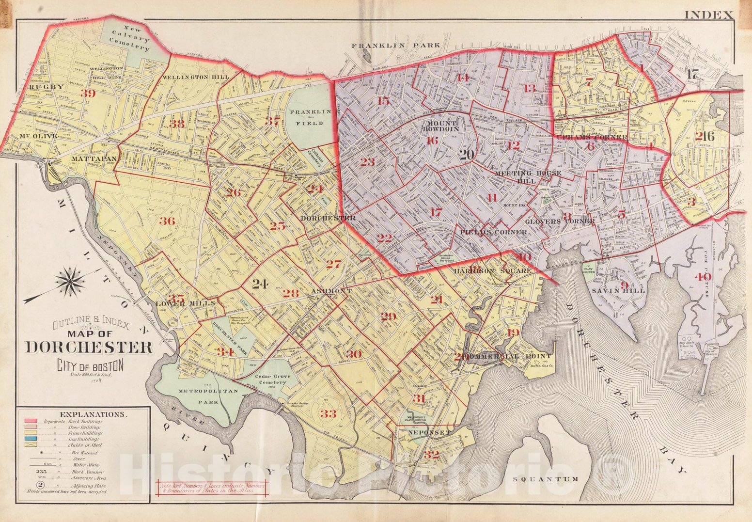 Historical Map, 1904 Outline & Index map of Dorchester, City of Boston, Vintage Wall Art