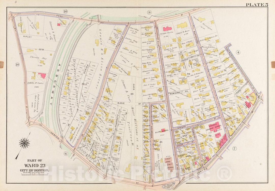 Historical Map, 1905 Atlas of The City of Boston, West Roxbury : Plate 5, Vintage Wall Art