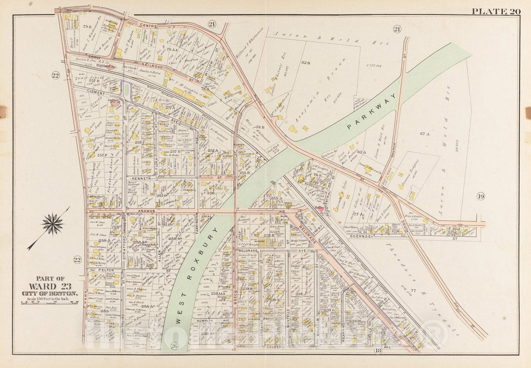 Historical Map, 1905 Atlas of The City of Boston, West Roxbury : Plate 20, Vintage Wall Art