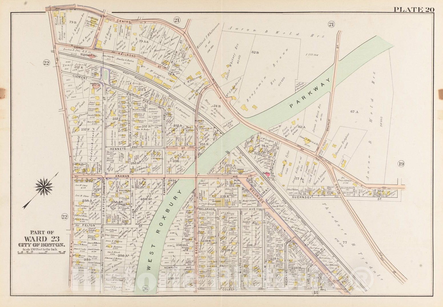 Historical Map, 1905 Atlas of The City of Boston, West Roxbury : Plate 20, Vintage Wall Art