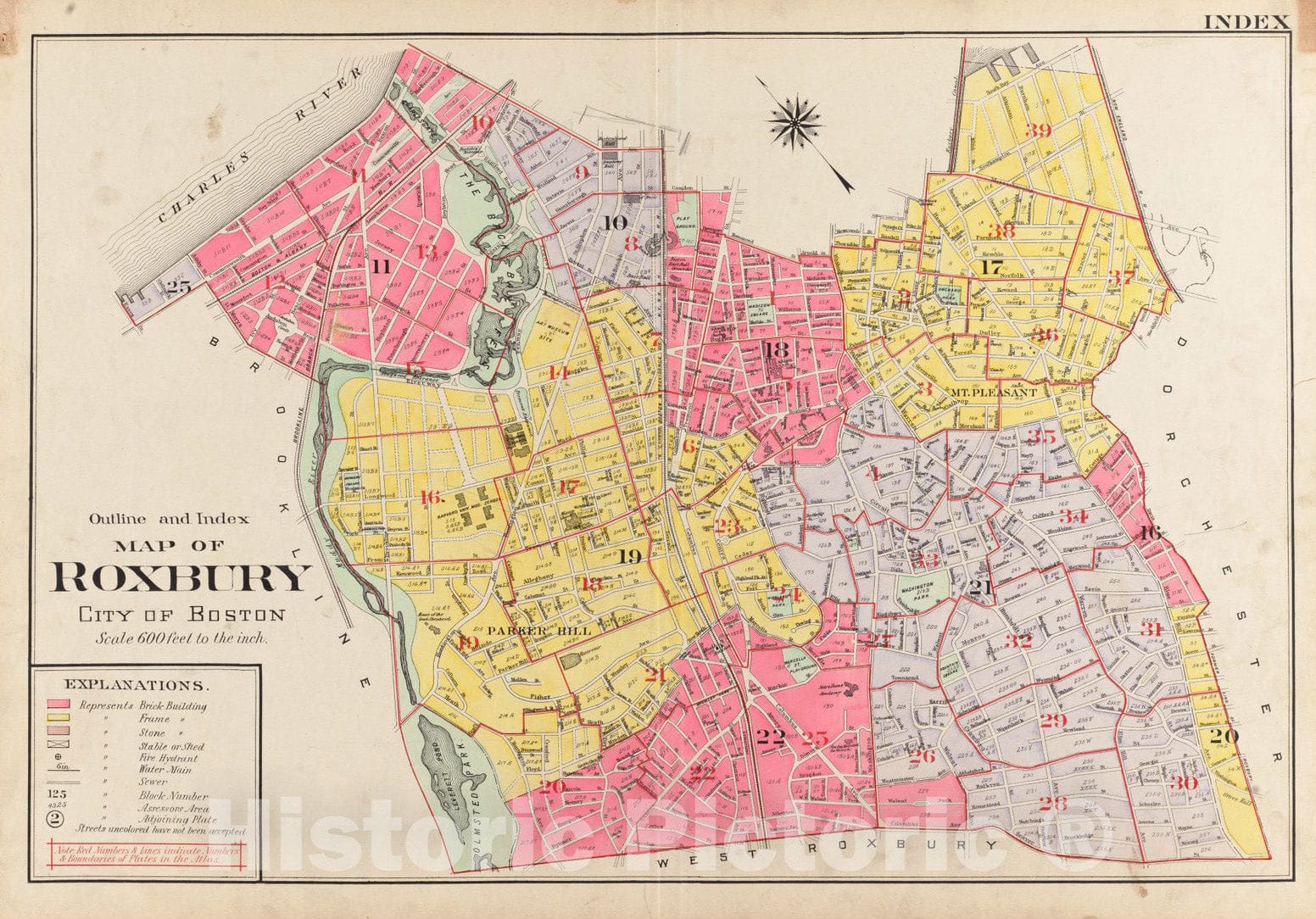 Historical Map, 1906 Outline and Index map of Roxbury, City of Boston, Vintage Wall Art