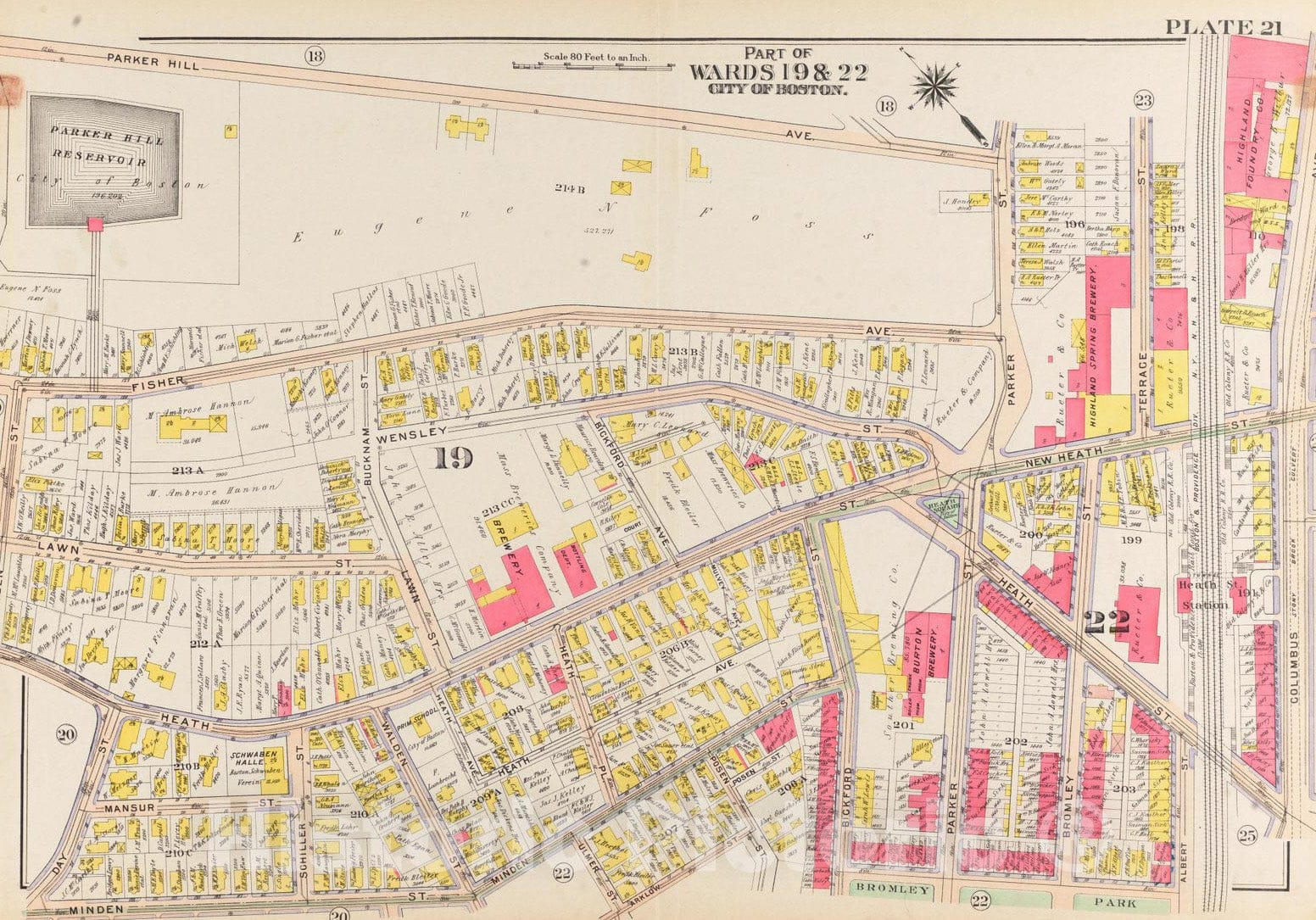 Historical Map, 1906 Atlas of The City of Boston, Roxbury : Plate 21, Vintage Wall Art