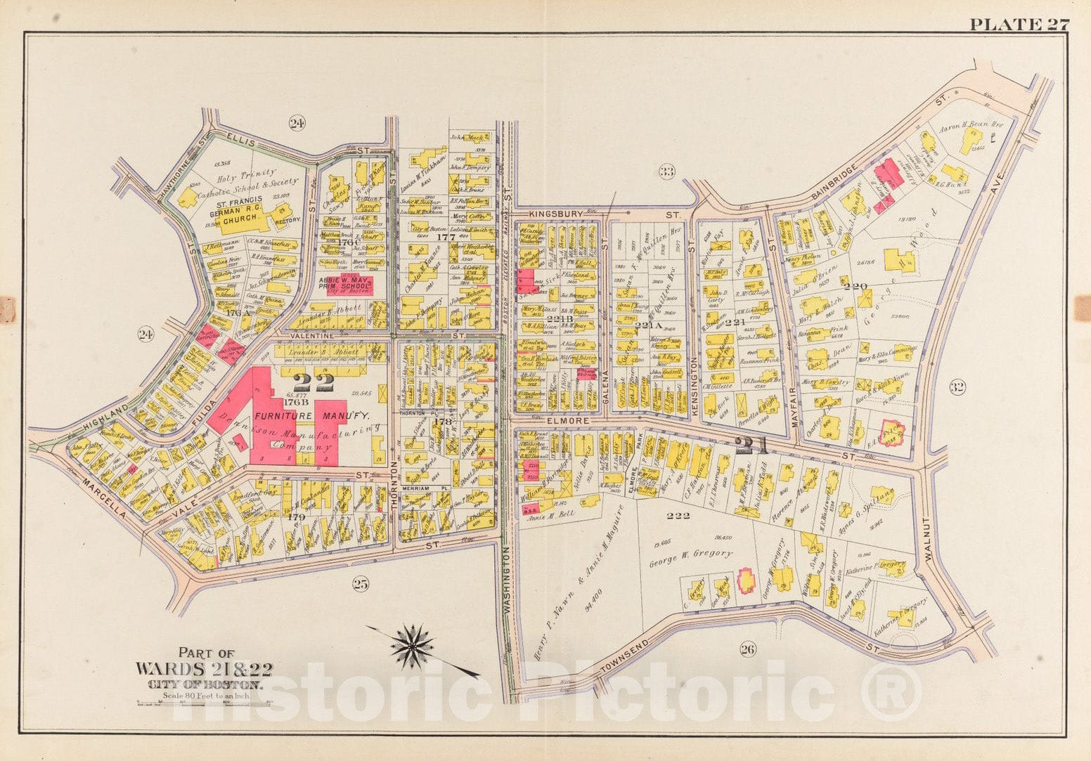 Historical Map, 1906 Atlas of the city of Boston, Roxbury : plate 27, Vintage Wall Art