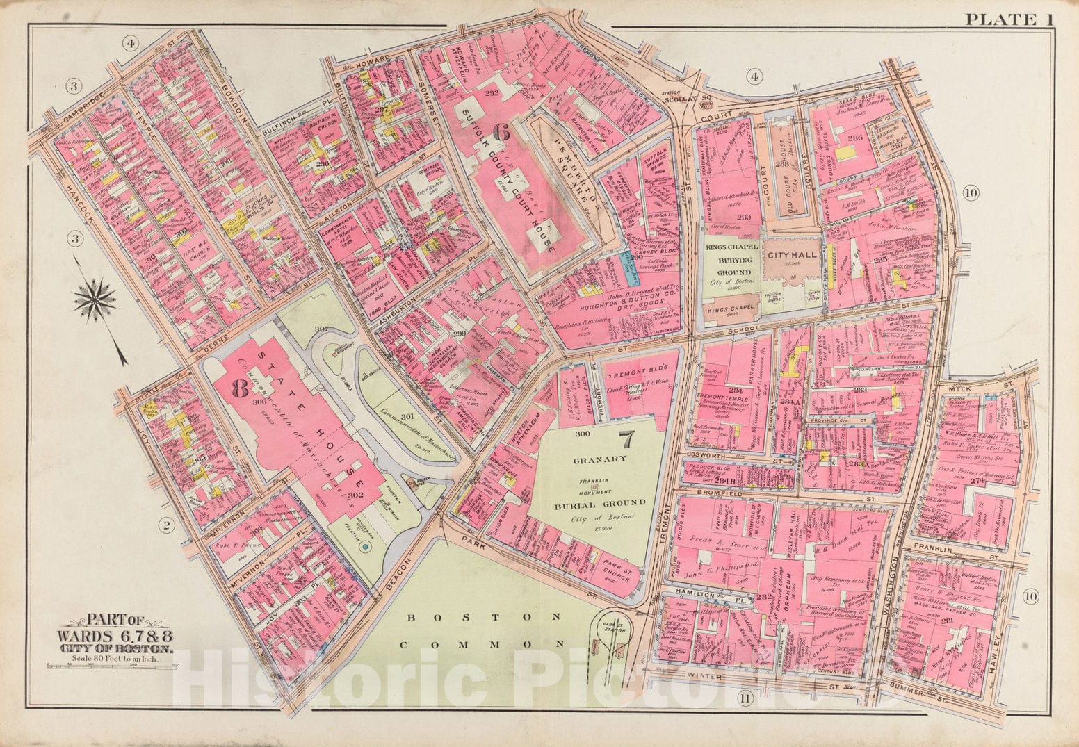 Historical Map, 1908 Atlas of the city of Boston, Boston proper and Back Bay : plate 1, Vintage Wall Art