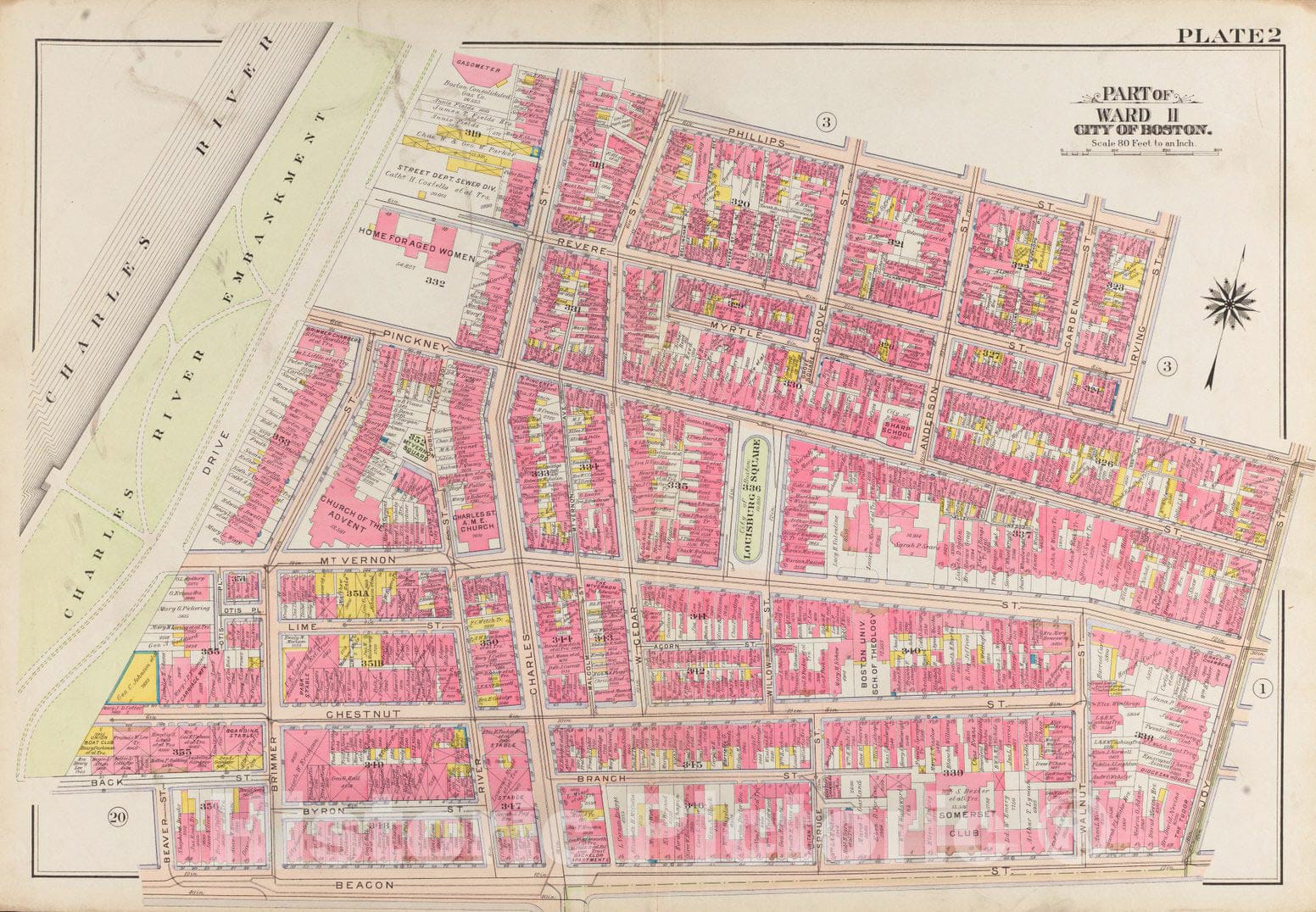 Historical Map, 1908 Atlas of The City of Boston, Boston Proper and Back Bay : Plate 2, Vintage Wall Art