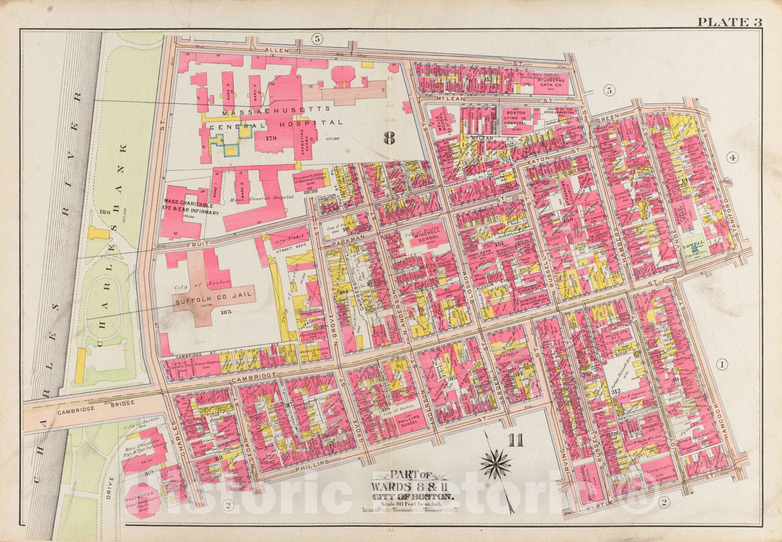 Historical Map, 1908 Atlas of The City of Boston, Boston Proper and Back Bay : Plate 3, Vintage Wall Art