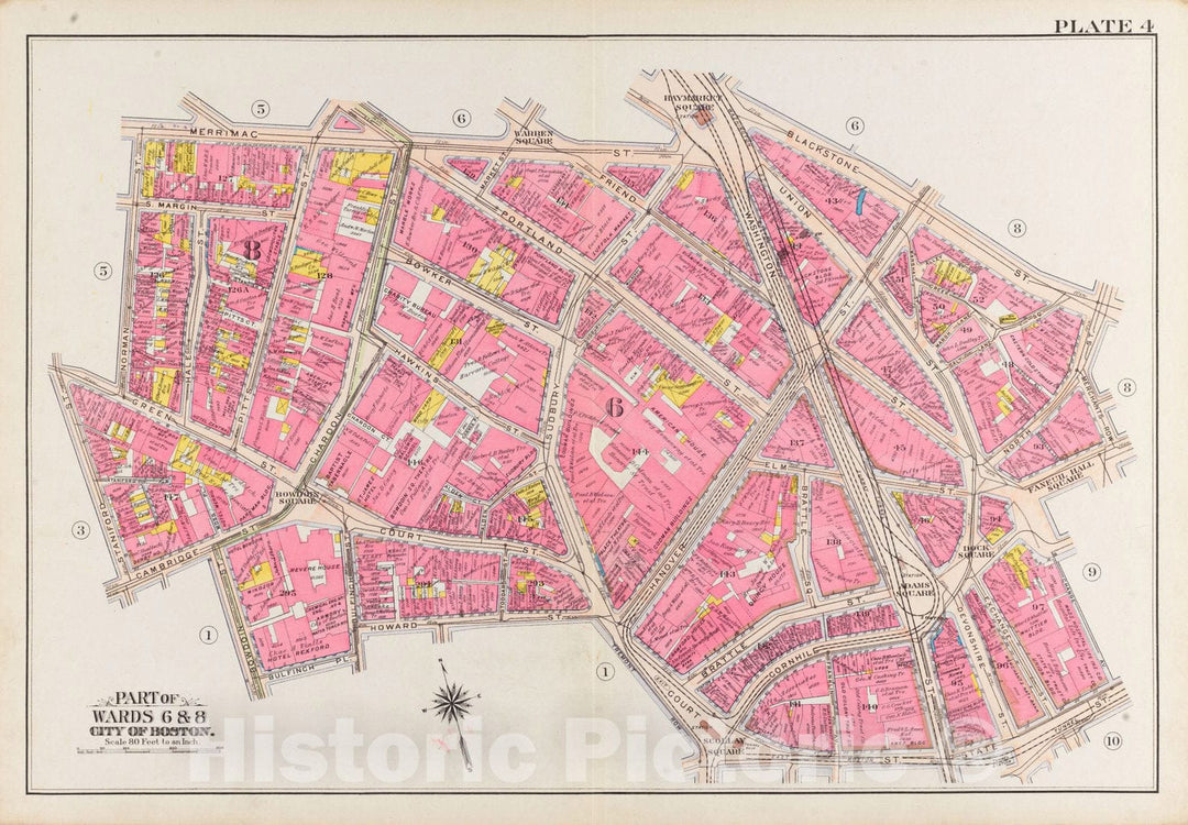 Historical Map, 1908 Atlas of the city of Boston, Boston proper and Back Bay : plate 4, Vintage Wall Art