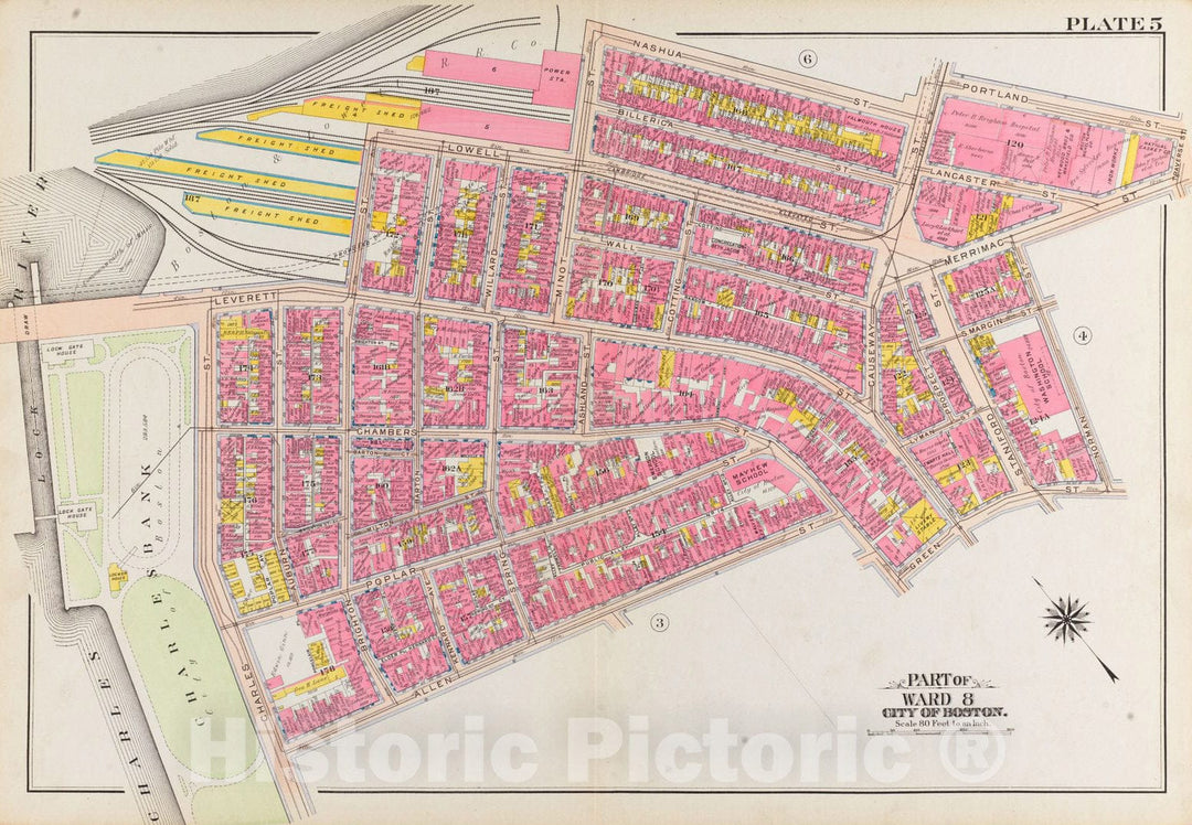 Historical Map, 1908 Atlas of The City of Boston, Boston Proper and Back Bay : Plate 5, Vintage Wall Art