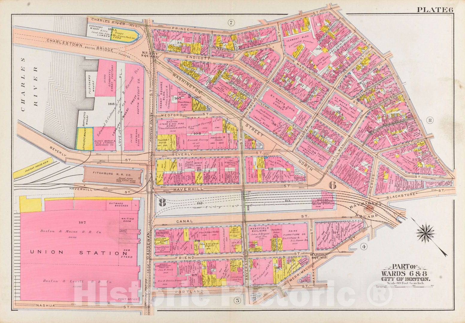 Historical Map, 1908 Atlas of The City of Boston, Boston Proper and Back Bay : Plate 6, Vintage Wall Art