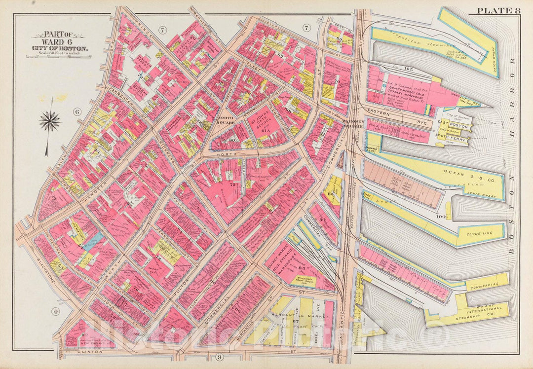 Historical Map, 1908 Atlas of The City of Boston, Boston Proper and Back Bay : Plate 8, Vintage Wall Art