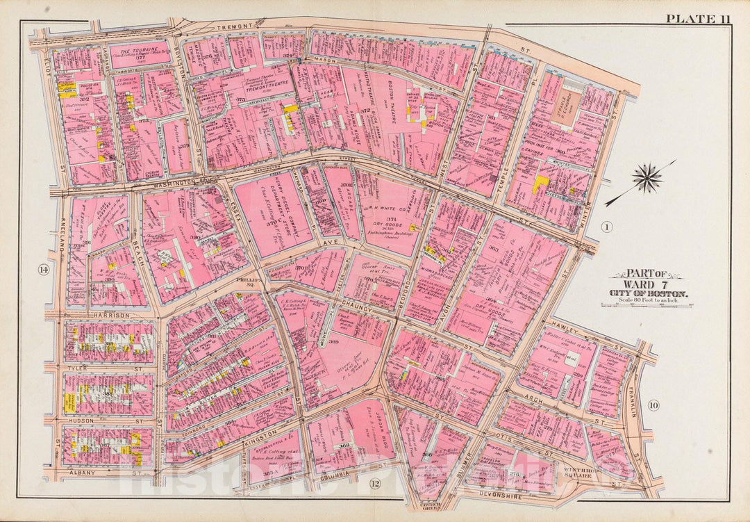 Historical Map, 1908 Atlas of the city of Boston, Boston proper and Back Bay : plate 11, Vintage Wall Art